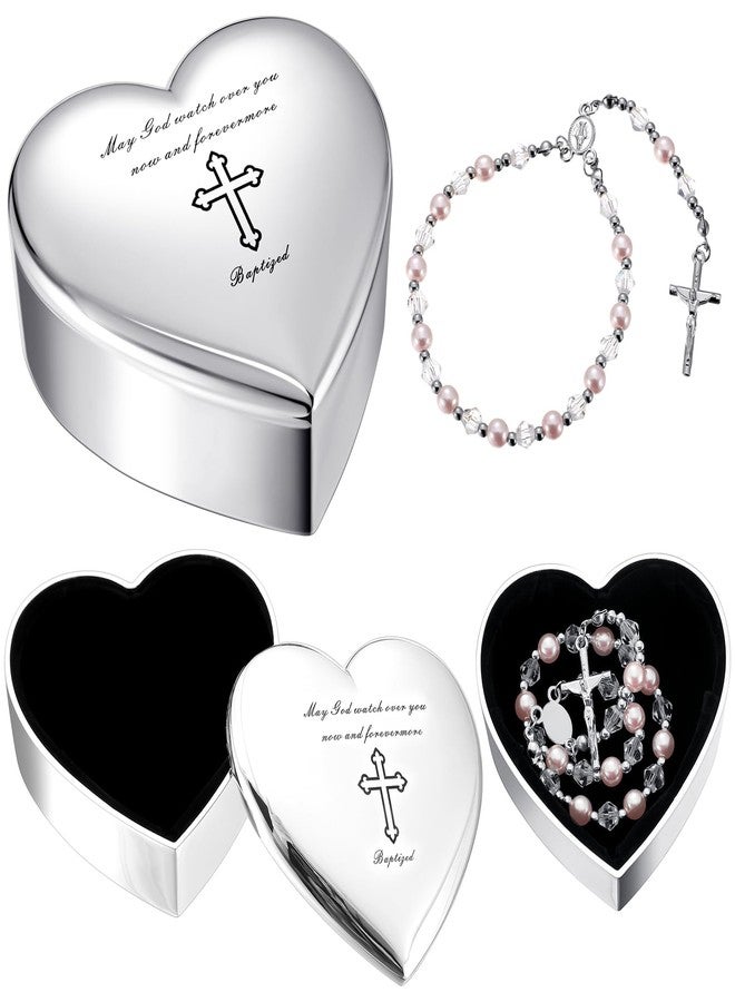 Quelay 2 Pcs Heart Jewelry Keepsake Box and Pink Baby Rosary Baptism Gift, Silver Toned Jewelry Box with Engraved Cross Baby Baptism Gift for Girls Baptism, First Communion, Christening - Image 1